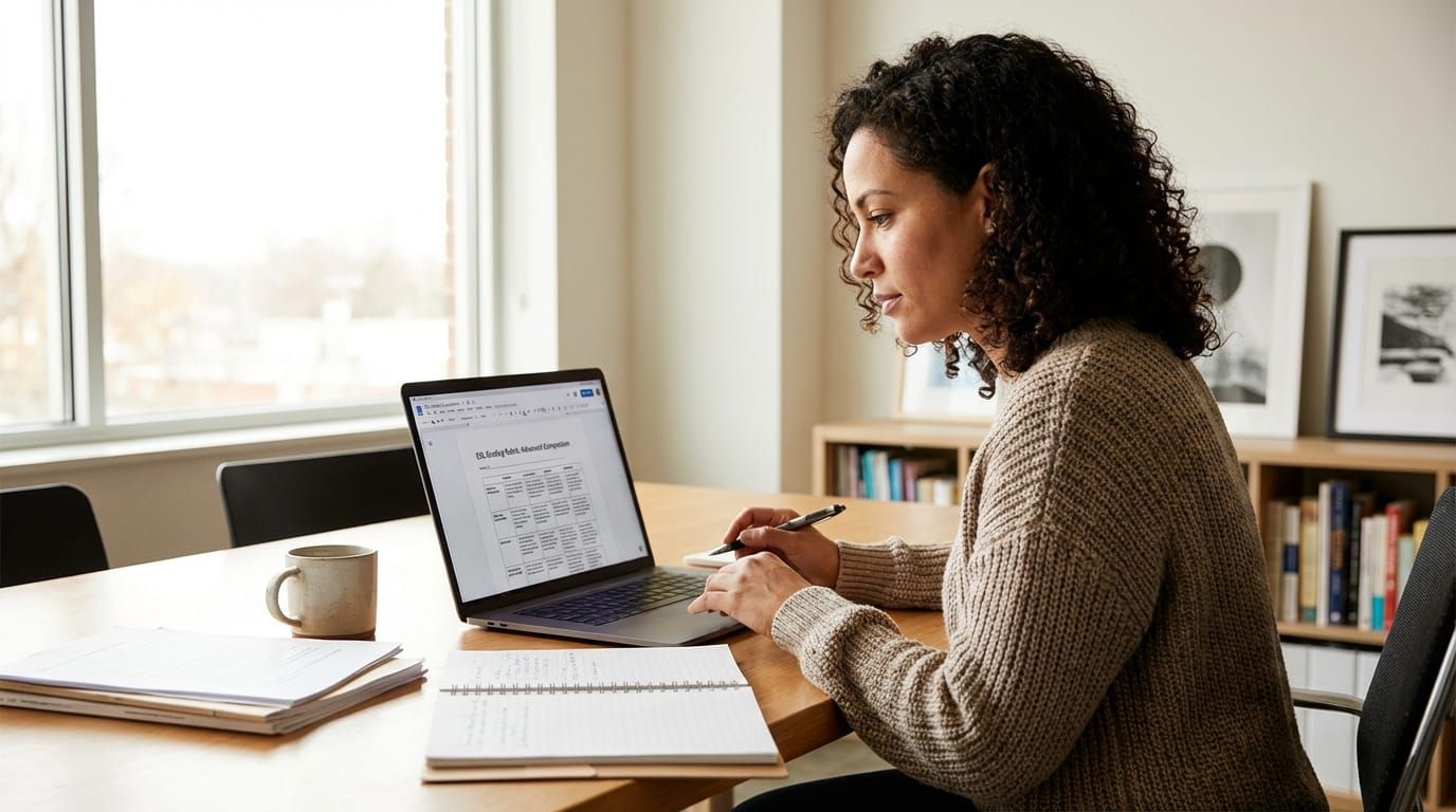 ESL teacher reviewing student essays with rubric on screen
