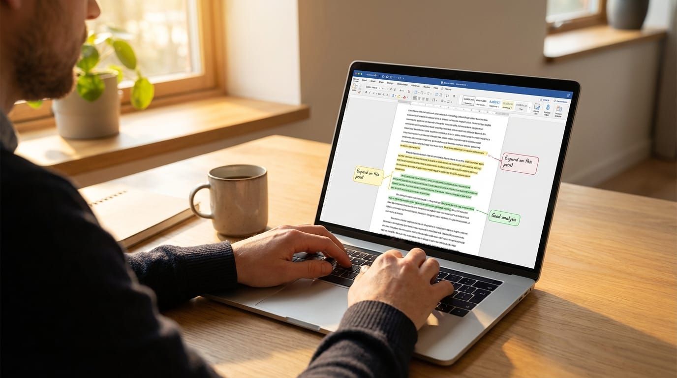 ESL instructor using laptop to grade essays
